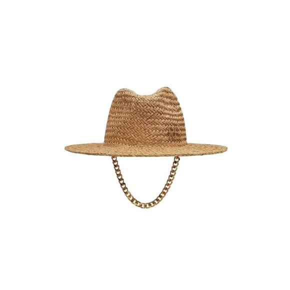 Ruslan Baginskiy Accessories - Ruslan Baginskiy Monogram Embellished Chain Strap Fedora Hat in Natural Straw M
